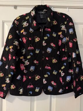 Vintage Requirements Quilted Jacket Women's Large Black Novelty Purse Print Zip